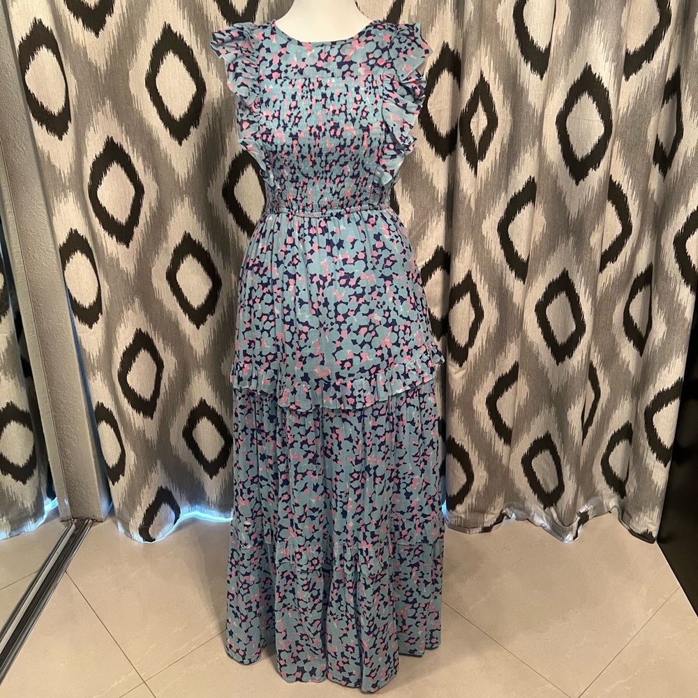 Banjanan Blue and Pink Smocked Floral Maxi Dress